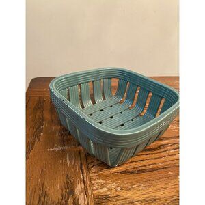 Vintage Italian Woven Ceramic Basket Teal Square Design Made In Italy